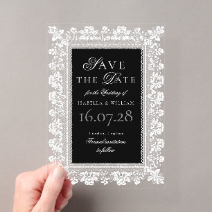 Spitze Schwarz-Weiß Old Money Save-the-Date-Karte Acryleinladungen