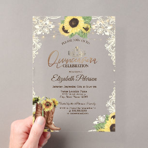 Spitze, Stiefel Sonnenblumen Blau Holz Quinceañera Acryleinladungen