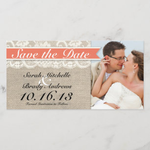 Spitze-u. Leinwand-Vintage Save the Date - Koralle