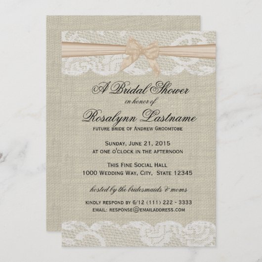 Spitze und Burlap mit Peach Bow Brautparty Einladung (Vorne/Hinten)