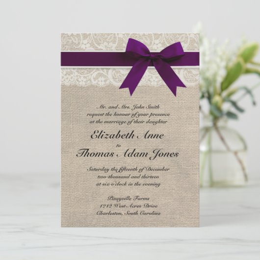 Spitze-und Leinwand-rustikale Einladung (Stehend Vorderseite)