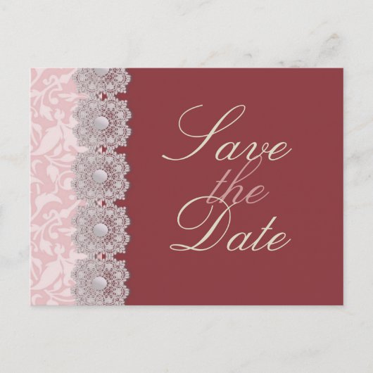 Spitze und Perlen Himbeere Save the Date Postkarte (Vorderseite)