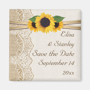 Spitze und Sonnenblumen Jute Hochzeit Save the Dat Magnet