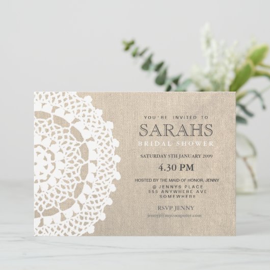 SpitzeDoily u. Leinwand-Brautparty-Party laden ein Einladung (Stehend Vorderseite)