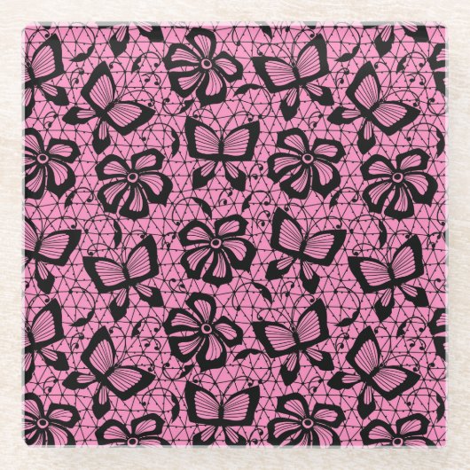 Spitzemuster mit Schmetterlingen Glasuntersetzer (Vorderseite)