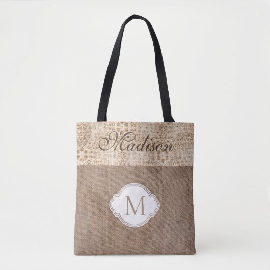 Spitzen-Burlap Moderne Rustikale Trendy Monogram Tasche (Vorderseite)