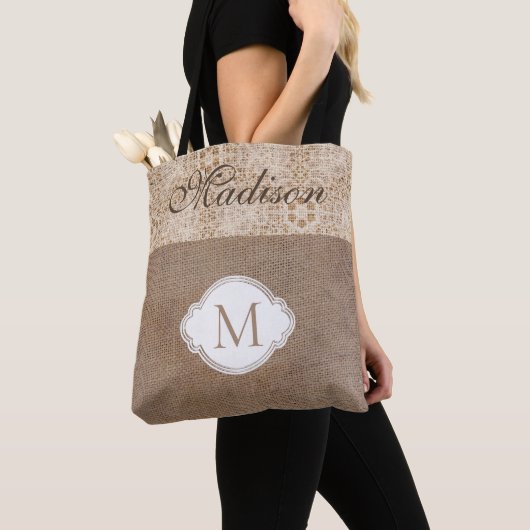 Spitzen-Burlap Moderne Rustikale Trendy Monogram Tasche (Von Nahem)