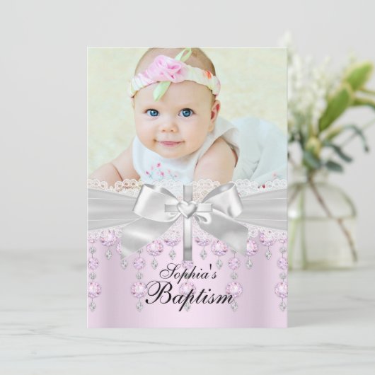 Spitzen Cross & Jewels Foto Taufe Einladung (Stehend Vorderseite)