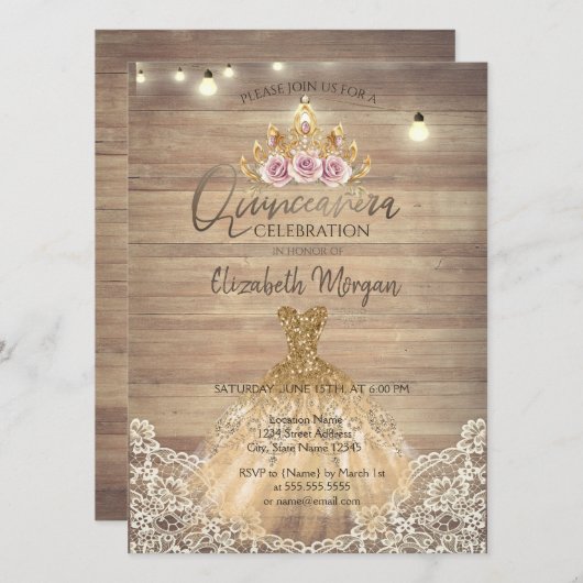 Spitzen, Floral Tiara, Lichter, Kleid Holz Quincea Einladung (Vorne/Hinten)