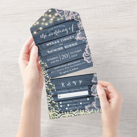 Spitzen-Gipskraut und String-Lights Blauer Holzkoh All In One Einladung (Abreißen)