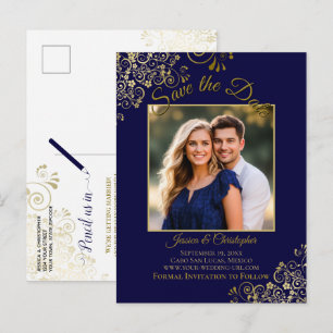 Spitzen-Gold auf Navy-Blau Hochzeit Save the Date Ankündigungspostkarte