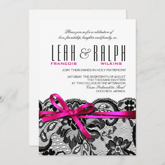 Spitzen-Hochzeitsbows & Ribbons | Weißschwarz Einladung (Vorne/Hinten)