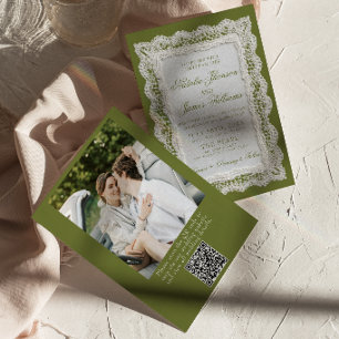 Spitzen-Olivgrün-Altes-Geld-Foto-QR-Code-Hochzeit Einladung