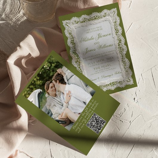 Spitzen-Olivgrün-Altes-Geld-Foto-QR-Code-Hochzeit Einladung