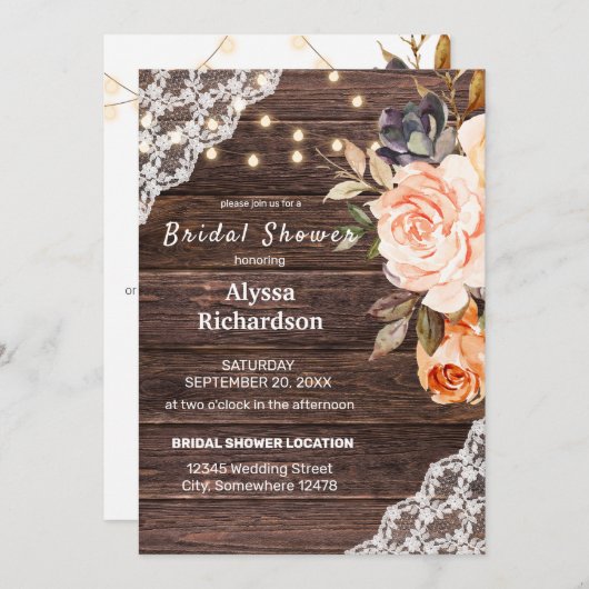 Spitzen, Streichleuchten, Blush & Peach Floral Einladung (Vorne/Hinten)