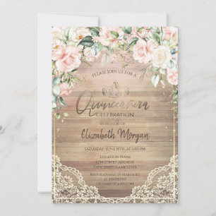 Spitzen, Tiara, Lichter, Holz Rosen Quinceañera Einladung