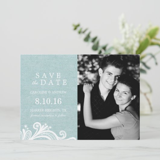 Spitzen- und Burlap-Foto Save the Date (Stehend Vorderseite)