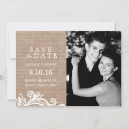 Spitzen- und Burlap-Foto Save the Date
