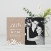 Spitzen- und Burlap-Foto Save the Date (Stehend Vorderseite)