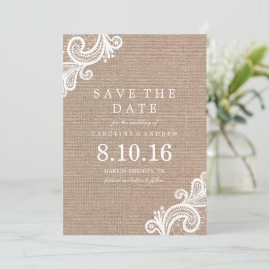 Spitzen- und Burlap-Hochzeit Sichern Sie die Datum Save The Date (Stehend Vorderseite)