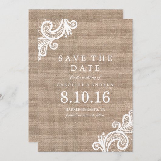 Spitzen- und Burlap-Hochzeit Sichern Sie die Datum Save The Date (Vorne/Hinten)