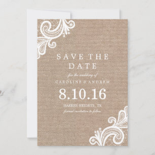 Spitzen- und Burlap-Hochzeit Sichern Sie die Datum Save The Date