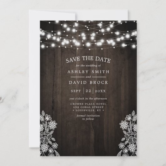 Spitzen- und Holzbalken leuchten rustikal Save the Date (Vorderseite)