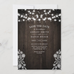 Spitzen- und Holzbalken leuchten rustikal Save the Date