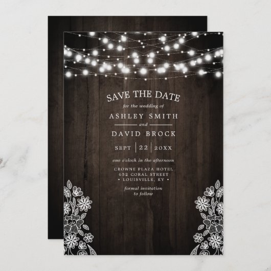 Spitzen- und Holzbalken leuchten rustikal Save the Save The Date (Vorne/Hinten)
