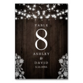 Spitzen und Holzbalken leuchten rustikale Hochzeit Tischnummer (Vorderseite)