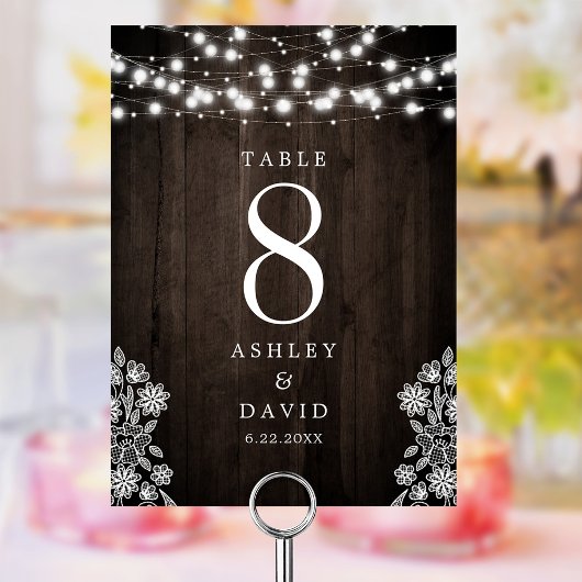 Spitzen und Holzbalken leuchten rustikale Hochzeit Tischnummer