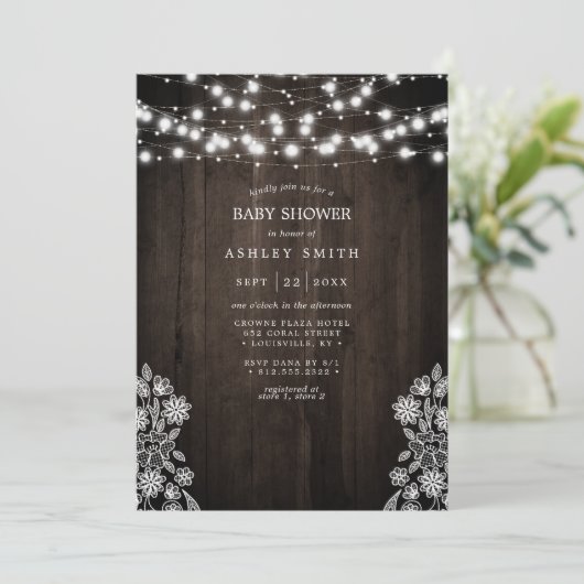 Spitzen- und Holzbalkenleuchten Rustikale Babydusc Einladung (Stehend Vorderseite)