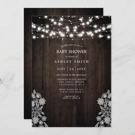 Spitzen- und Holzbalkenleuchten Rustikale Babydusc Einladung (Vorne/Hinten)