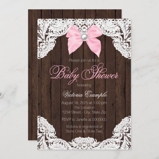 Spitzen- und Wood-Babydusche Einladung (Vorne/Hinten)