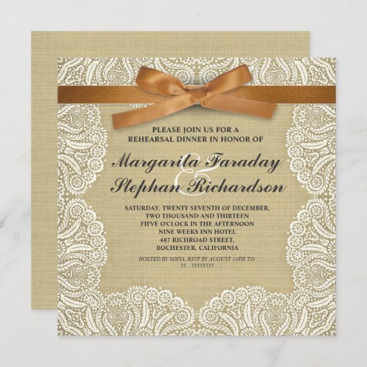Spitzenband & Burlap rustikale Probe Dinner Einladung (Vorne/Hinten)