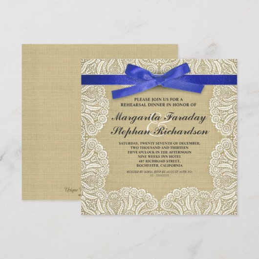 Spitzenband & Burlap rustikale Probe Dinner Einladung (Vorne/Hinten)