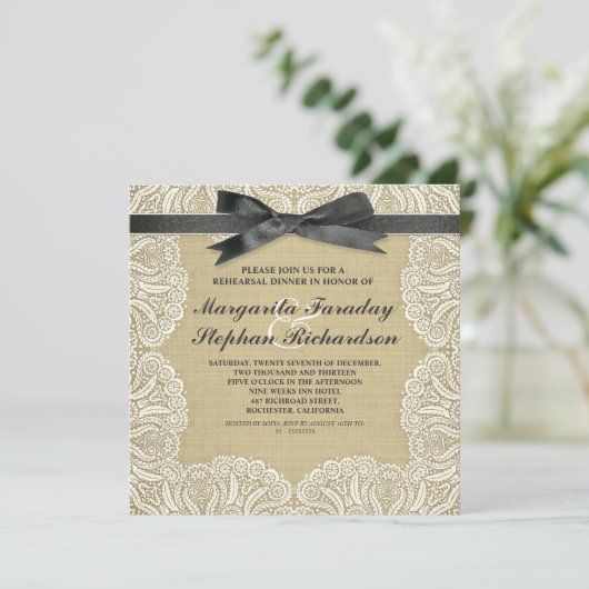 Spitzenband & Burlap rustikale Probe Dinner Einladung (Stehend Vorderseite)