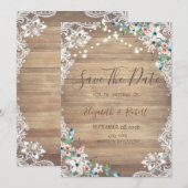 Spitzenblumen Holzoptik, Lichter Save The Date (Vorne/Hinten)