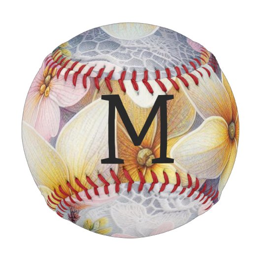 Spitzenmonogramm rosa und gelbe Frühlingsblumen Baseball (Vorderseite)