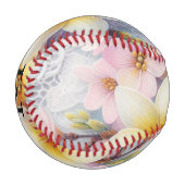 Spitzenmonogramm rosa und gelbe Frühlingsblumen Baseball (Vorderseite Links)