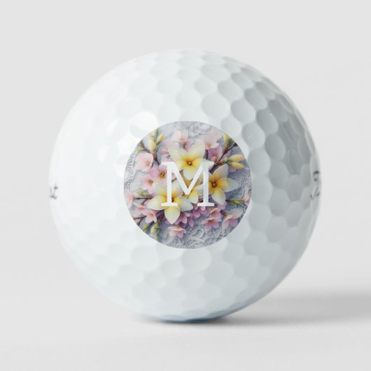 Spitzenmonogramm rosa und gelbe Frühlingsblumen Golfball (Vorderseite)