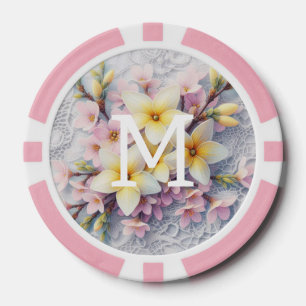 Spitzenmonogramm rosa und gelbe Frühlingsblumen Pokerchips