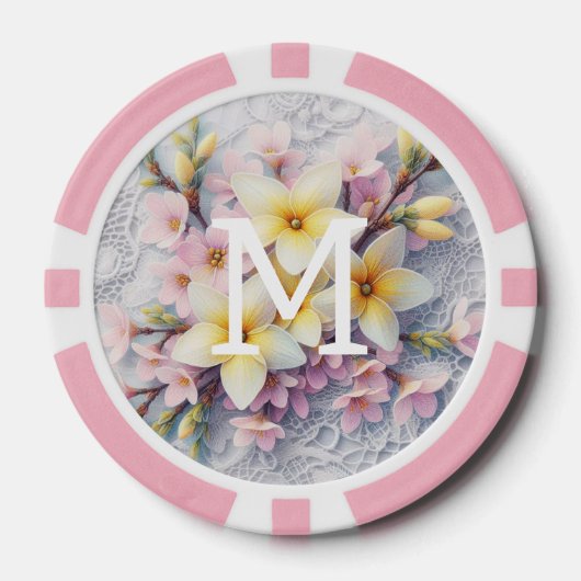 Spitzenmonogramm rosa und gelbe Frühlingsblumen Pokerchips (Vorderseite)
