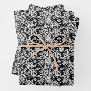 Spitzenmuster auf schwarzem Hintergrund Geschenkpapier Set