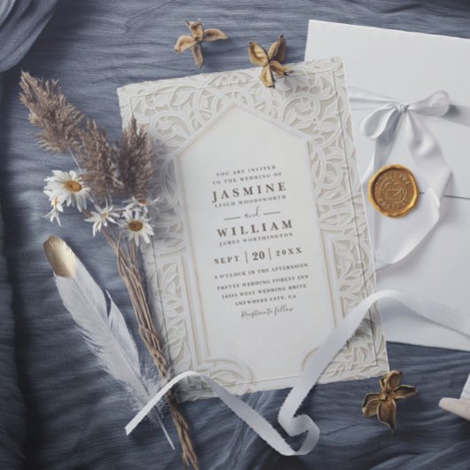Spitzenpräge-Vintage-elegante QR-Code-Hochzeit Einladung
