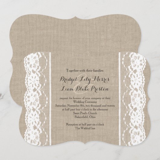 Spitzenreiter auf Burlap Wedding Einladung 2 (Vorne/Hinten)