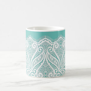 Spitzenuntersetzer teal weiß vintage altmodisch kaffeetasse