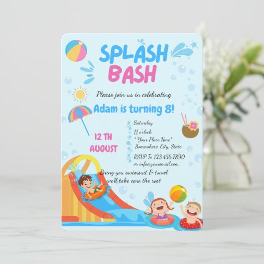 Splash Bash Pool Party Geburtstag Einladung (Stehend Vorderseite)