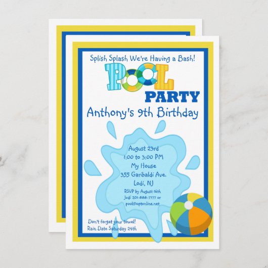Splash Boys Pool Party Einladung (Vorne/Hinten)