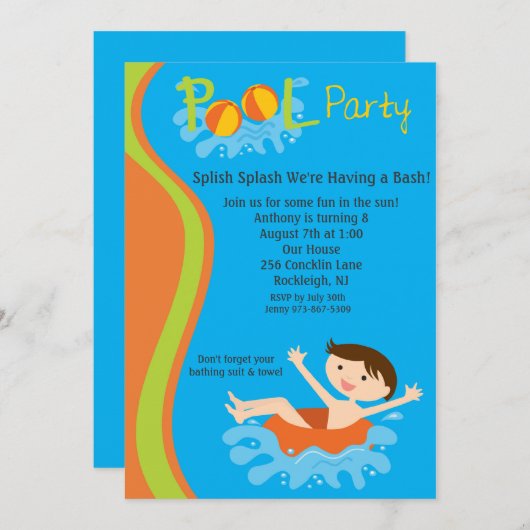 Splash Boys Pool Party Geburtstag Einladung (Vorne/Hinten)